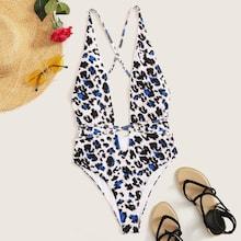 Romwe Leopard Self Tie Open Back One Piece Swimsuit
