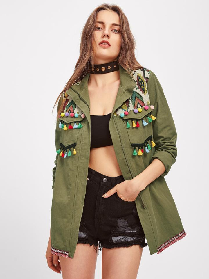 Romwe Embroidered Yoke Tassel And Pom Pom Trim Utility Jacket