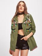 Romwe Embroidered Yoke Tassel And Pom Pom Trim Utility Jacket