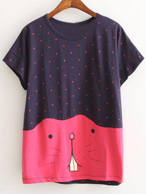 Romwe Navy Short Sleeve Polka Dots Cat Print T-shirt
