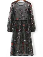 Romwe Black Floral Embroidery Sheer Mesh Dress