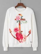 Romwe Faux Fleece Anchor & Flower Print Pullover