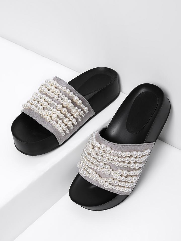 Romwe Faux Pearl Decorated Flat Sandals
