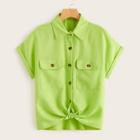 Romwe Neon Lime Button Front Dual Pocket Blouse