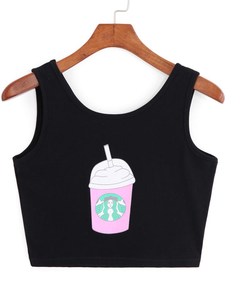 Romwe Drinks Print Crop Tank Top