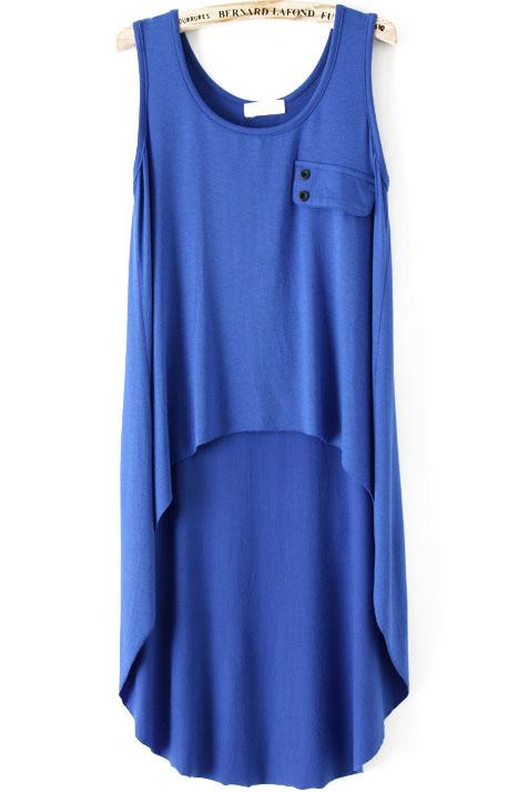 Romwe Dip Hem With Pocket Blue Tank Top