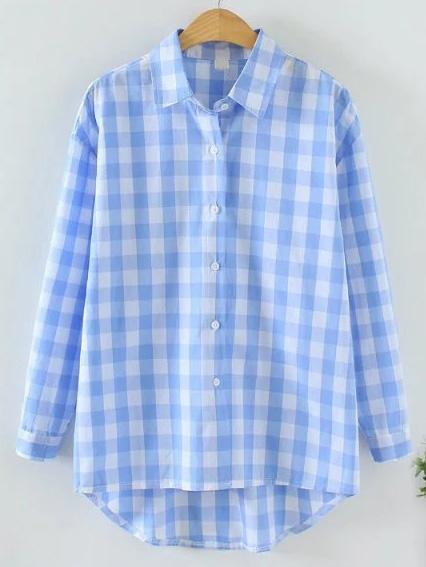 Romwe Blue Check Plaid High Low Shirt