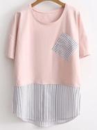 Romwe Pink Contrast Striped Hem Pocket T-shirt