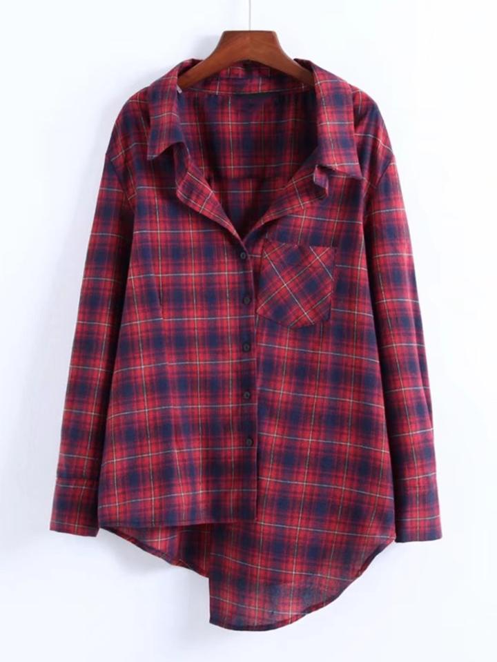 Romwe Front Pocket Asymmetrical Plaid Blouse