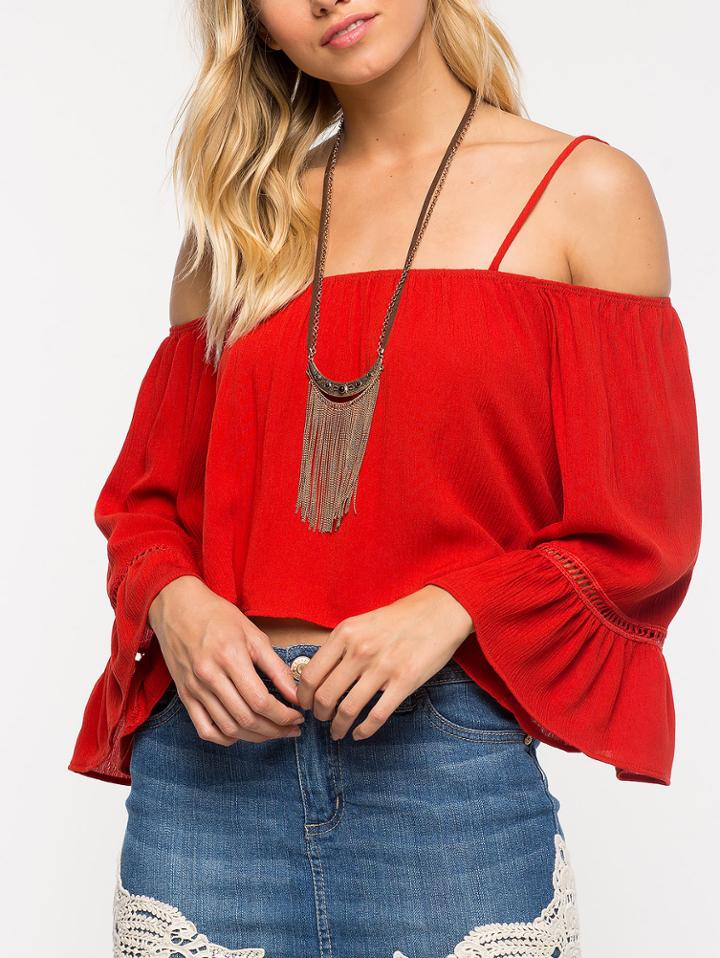Romwe Red Eyelet Bell Sleeve Cold Shoulder Blouse