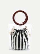 Romwe Striped Clear Wooden Handle Bag
