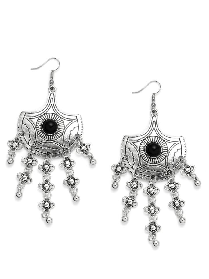 Romwe Silver Fan-shaped Lines Gemstone Duster Earrings