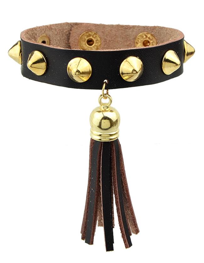 Romwe Coffee Pu Leather Spike Bracelets