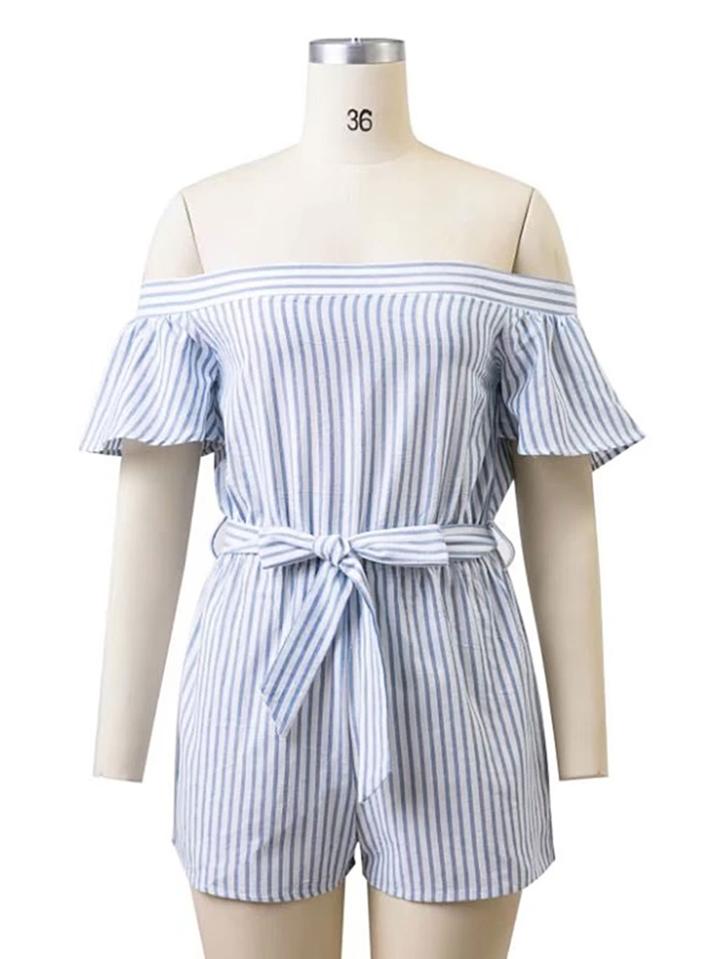 Romwe Bardot Vertical Striped Bow Tie Waist Playsuit