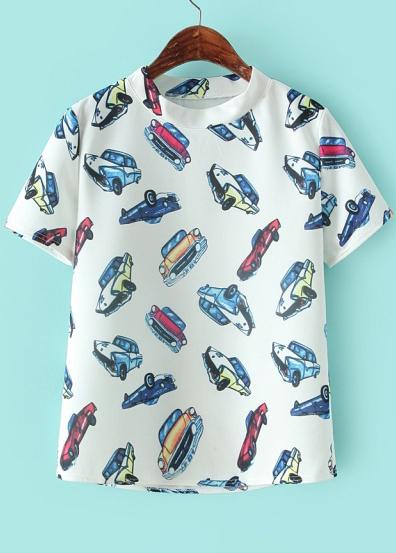 Romwe Stand Collar Cartoon Car Print White T-shirt