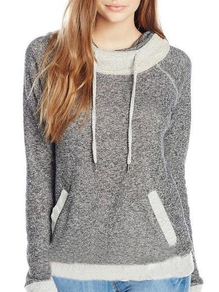 Romwe Hooded Drawstring Pocket Grey Sweatshirt