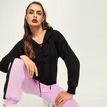 Romwe Lace Up Front Drop Shoulder Hoodie