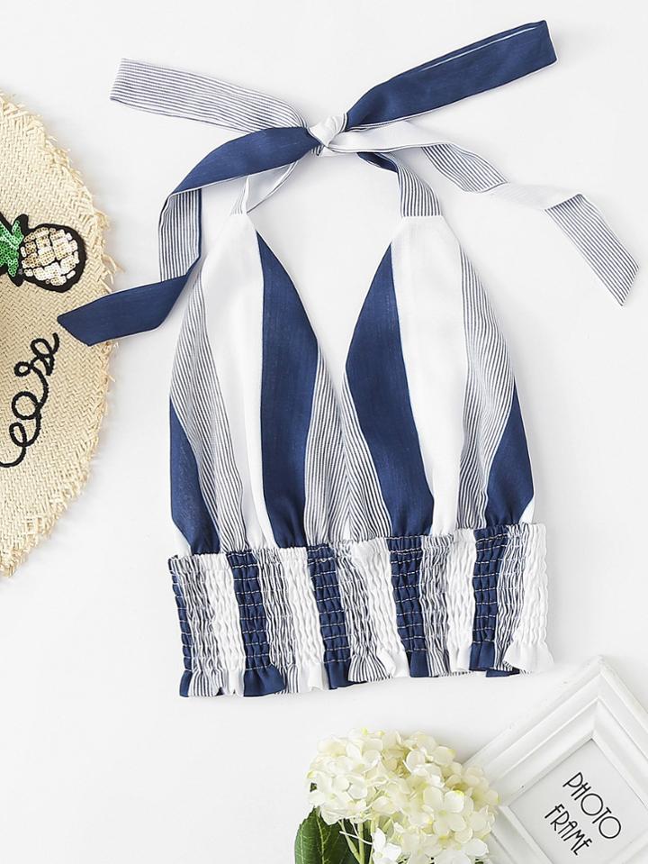 Romwe Striped Pleated Halter Top
