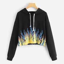 Romwe Fire Print Crop Hoodie