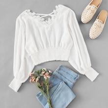 Romwe Lace Panel Shirring Trim Crop Blouse