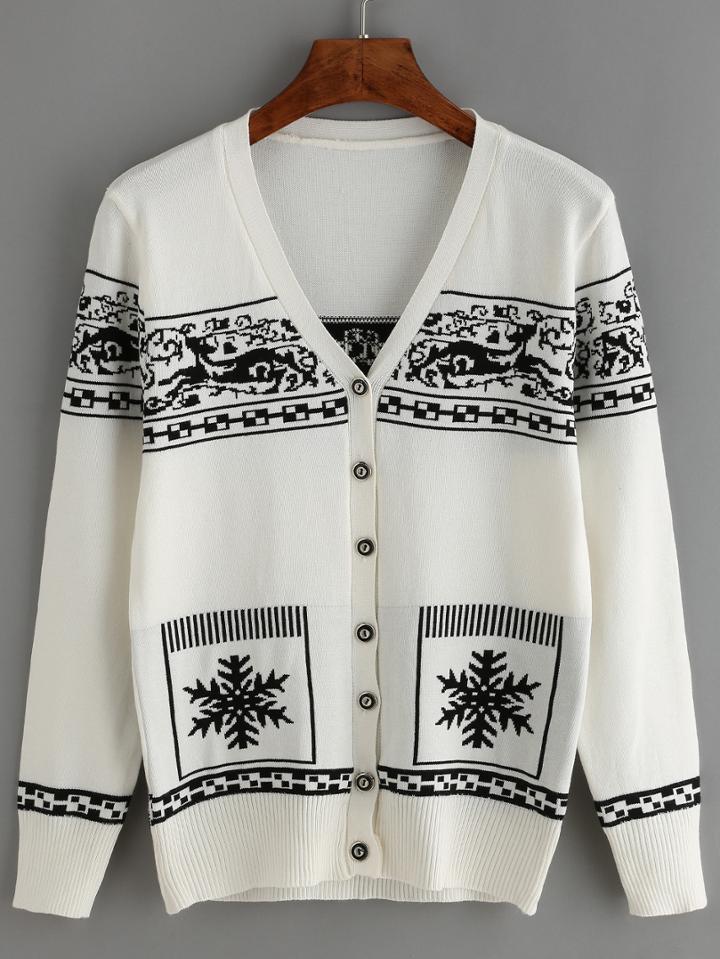 Romwe Snowflake Deer Print Cardigan With Buttons