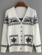 Romwe Snowflake Deer Print Cardigan With Buttons