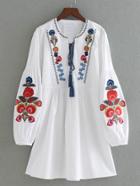 Romwe Drop Shoulder Flower Embroidery Tassel Tie Dress