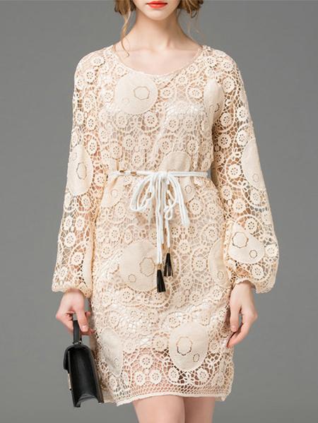 Romwe Apricot Crochet Hollow Out Tie-waist Dress