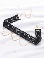 Romwe Black Lace Crochet Choker With Chain