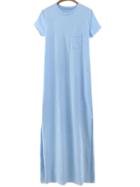 Romwe Blue Short Sleeve Pocket Split Side Maxi Dress