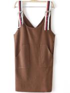 Romwe Striped Strap Pockets Knit Coffee Dress