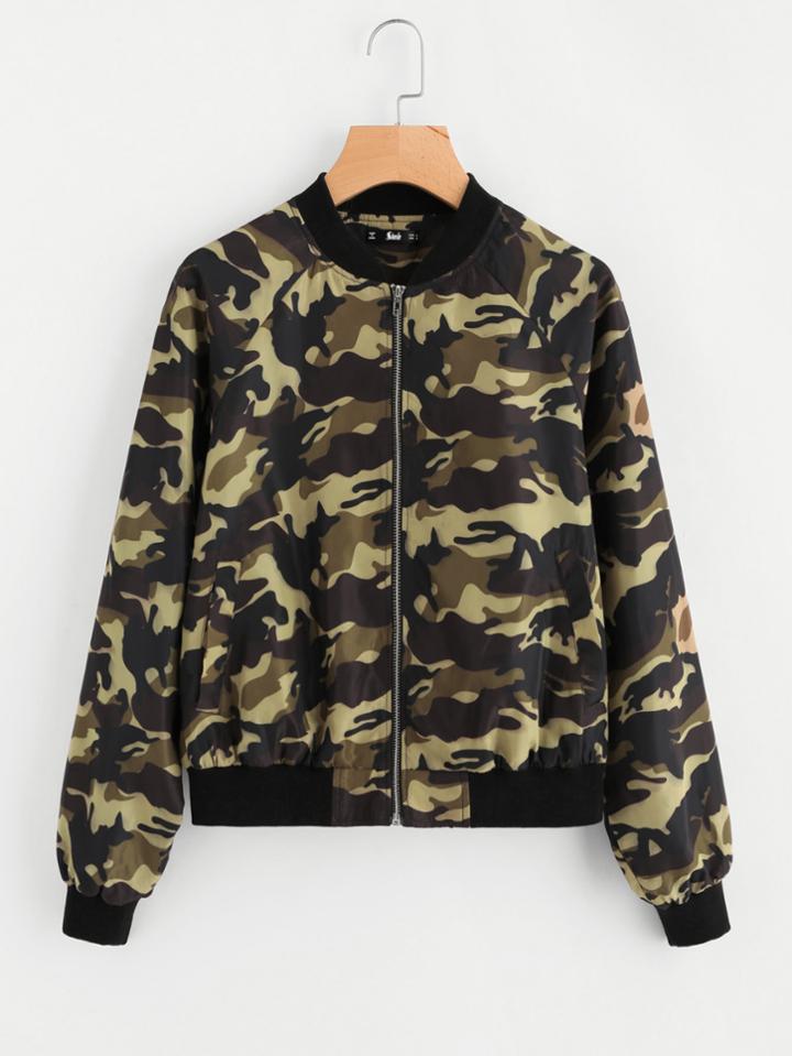 Romwe Raglan Sleeve Camo Bomber Jacket