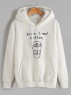 Romwe White Printed Hooded Sweatshirt With Pocket