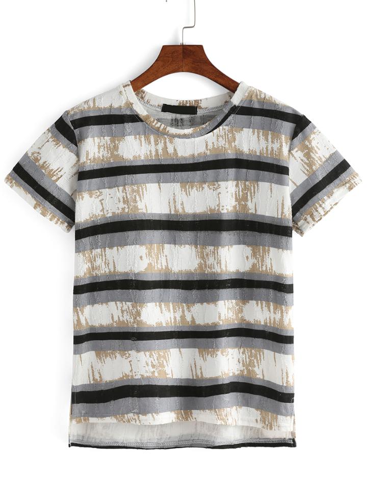 Romwe Dip Hem Striped Split T-shirt