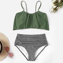 Romwe Flounce Top With Striped Ruched High Waist Bikini