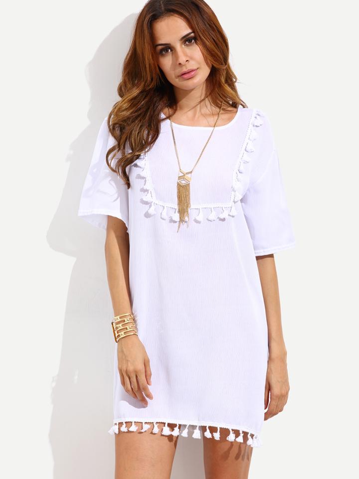 Romwe White Tassel Trim Plain Shift Dress