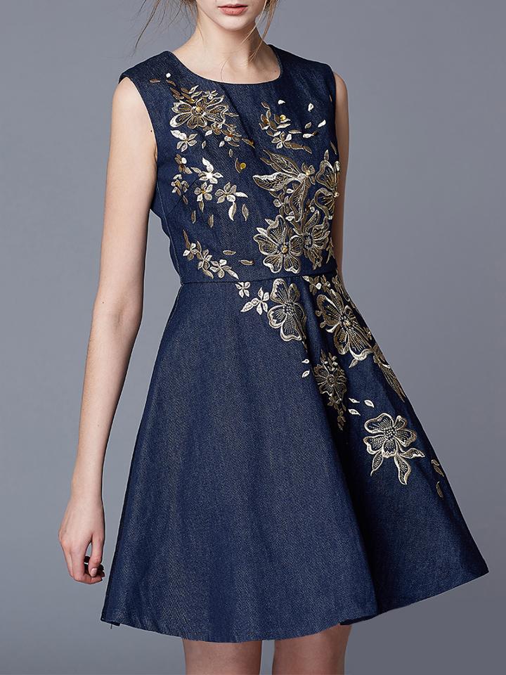 Romwe Navy Round Neck Sleeveless Embroidered Denim Dress