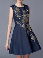 Romwe Navy Round Neck Sleeveless Embroidered Denim Dress