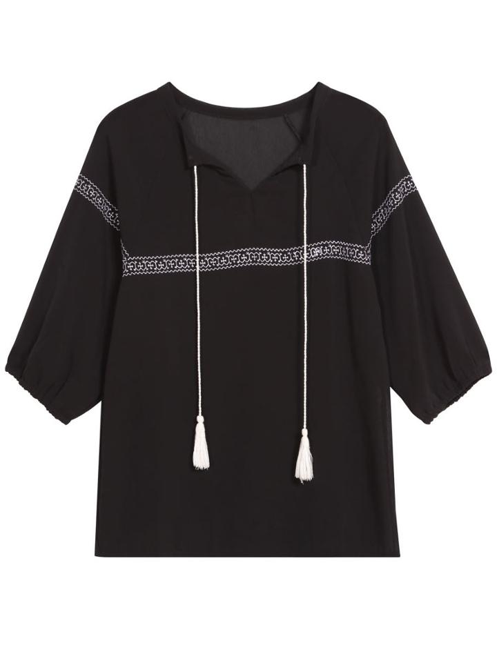 Romwe Embroidery Puff Sleeve Loose Black Blouse