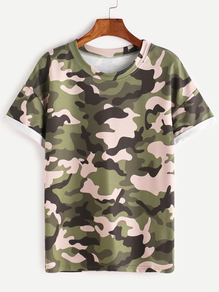 Romwe Camo Print Drop Shoulder Cuffed T-shirt