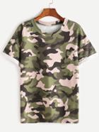 Romwe Camo Print Drop Shoulder Cuffed T-shirt