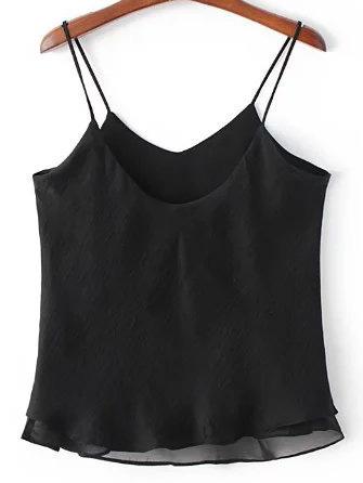 Romwe Black Double Layers Chiffon Spaghetti Strap Tank Top