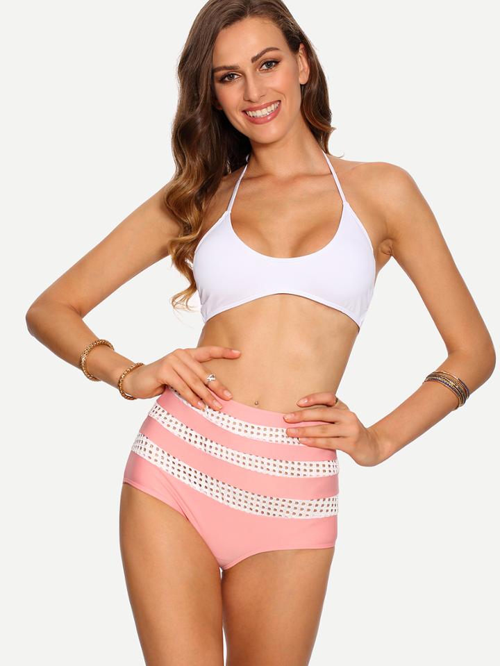 Romwe Contrast Eyelet Mesh Insert Bikini Set