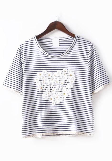 Romwe Heart Crochet Striped Blue T-shirt