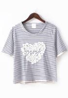 Romwe Heart Crochet Striped Blue T-shirt