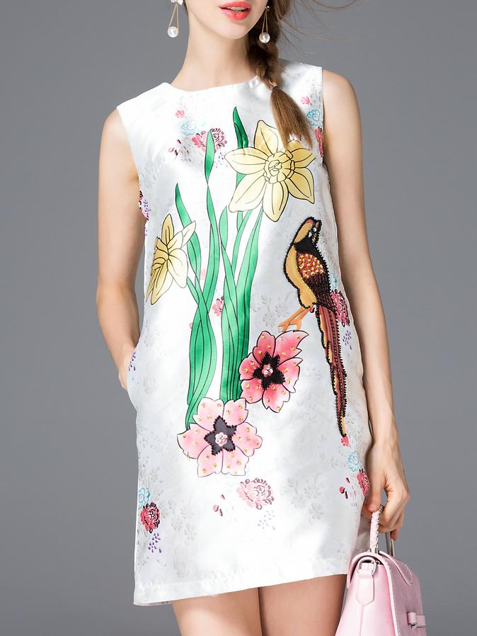 Romwe White Print Pockets Shift Dress