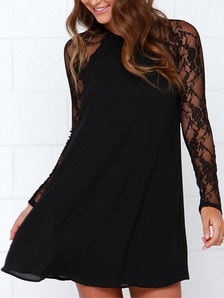 Romwe Long Sleeve Lace Insert A-line Dress