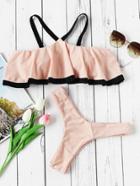 Romwe Contrast Strap And Trim Cold Shoulder Flounce Bikini Set