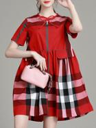 Romwe Red Tie Neck Plaid A-line Dress