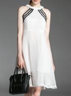 Romwe White Halter Backless Embroidered Dress